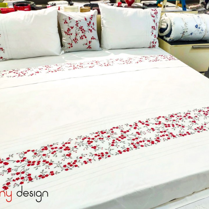 Queen size duvet cover embroidered with red string peach blossom embroidery